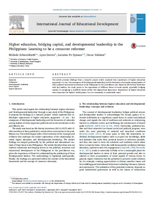 Higher Education, Bridging Capital, and Developmental Leadership in the Philippines