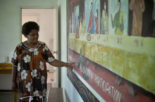 A woman teaching in a classroom in Vanuatu.